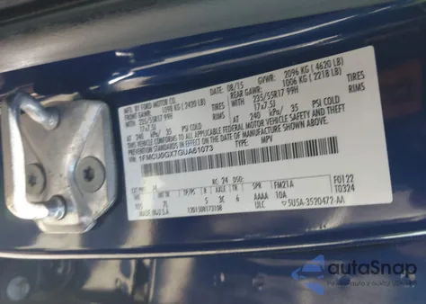 2016 Ford Escape Se z USA, uszkodzony, nr VIN 1FMCU0GX7GUA61073